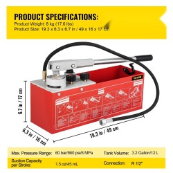Hydrostaattinen käsikäyttöinen painekoepumppu 60 bar 12 L kolmiyksikköisellä mittarilla R 1/2 liitännällä