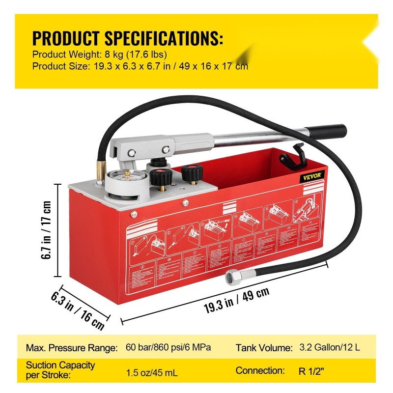 Hydrostaattinen käsikäyttöinen painekoepumppu 60 bar 12 L kolmiyksikköisellä mittarilla R 1/2 liitännällä