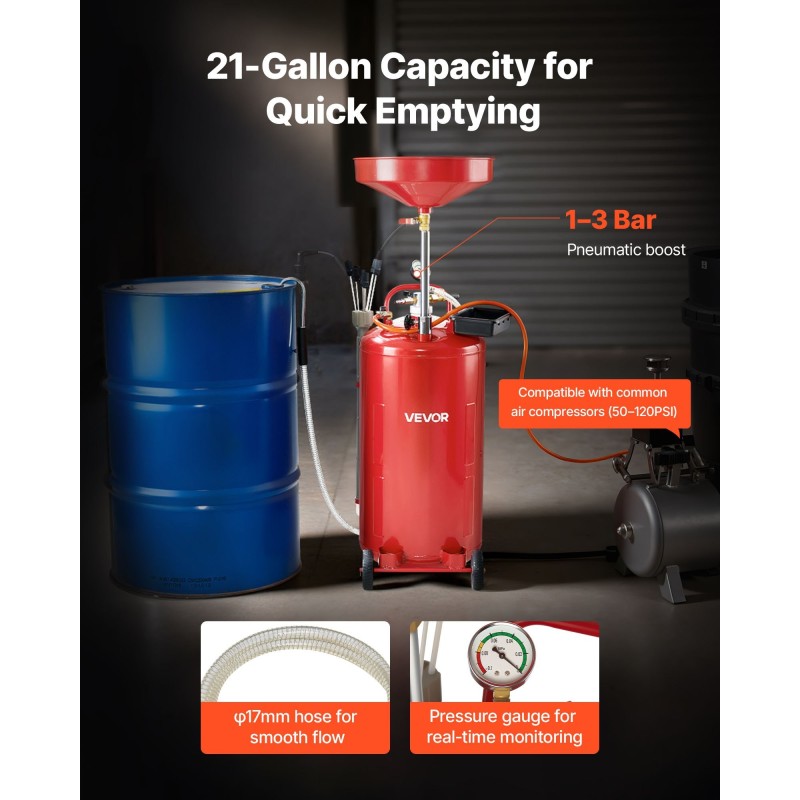 Rautainen 79,5 l jäteöljynkeräyssäiliö pneumaattisella tyhjennyksellä säädettävällä suppilolla ja pyörillä