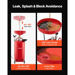 Rautainen 79,5 l jäteöljynkeräyssäiliö pneumaattisella tyhjennyksellä säädettävällä suppilolla ja pyörillä