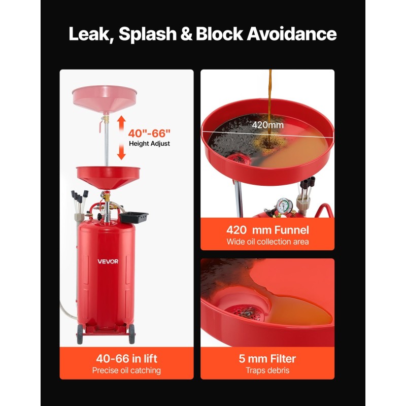 Rautainen 79,5 l jäteöljynkeräyssäiliö pneumaattisella tyhjennyksellä säädettävällä suppilolla ja pyörillä