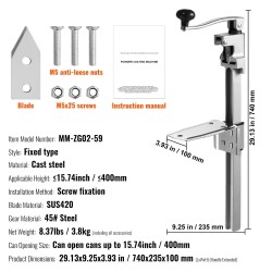 Manuaalinen pöytämallinen tölkinavaaja säädettävällä korkeudella ruostumattomilla terillä jopa 400 mm korkeille tölkeille