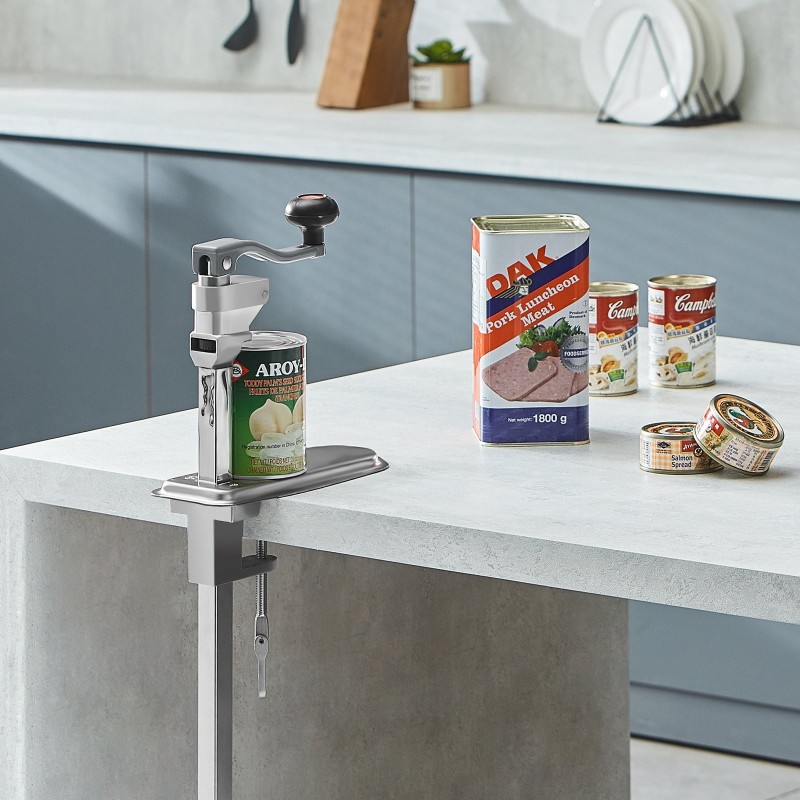 Manuaalinen pöytäkiinnitteinen purkinavaaja korkeussäädöllä jopa 400 millimetriä ruostumaton terä