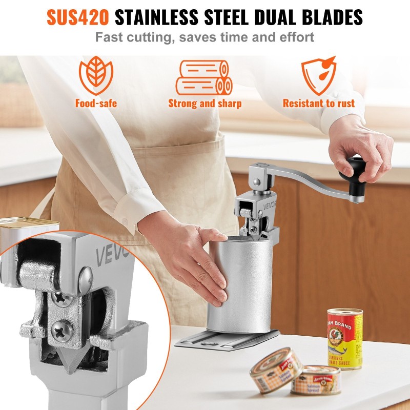 Pöytämallinen manuaalinen säilyketölkinavaaja korkeussäädettävä 300 mm ammattikäyttöön SUS420 terä valurautarunko