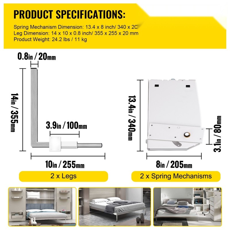 Pystysuuntainen kaappisängyn jousimekanismisarja rauta ja ruostumaton teräs 9 jousella sopii 1,2–1,8 m