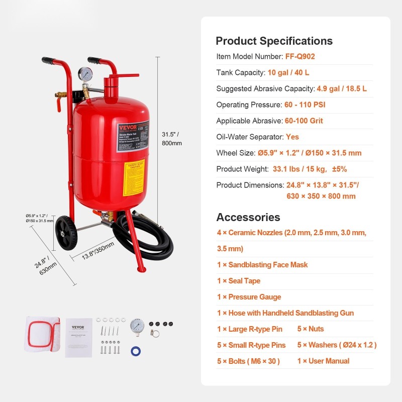 Painehiekkapuhallin 40 l säiliö öljyvesierotin keraamiset suuttimet 2,5 m kumiletku kumipyörät
