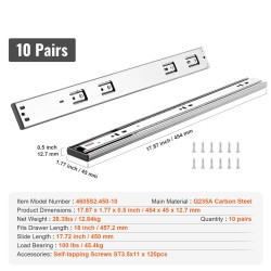 Sivukiinnitteiset laatikkokiskot hiiliteräs 457,2 mm 10 kpl 45,4 kg täysiveto pehmeä sulkeutuminen