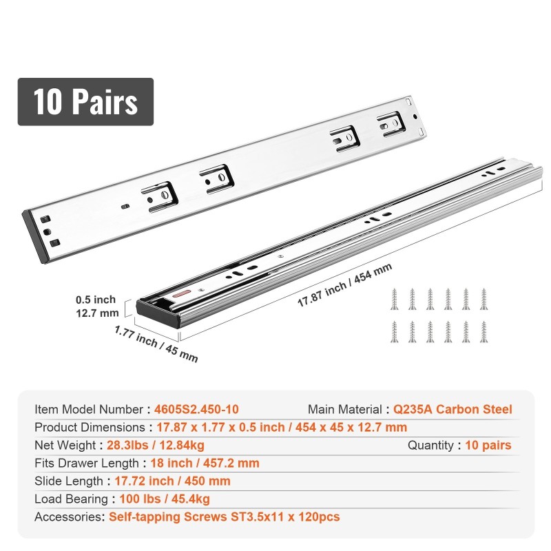 Sivukiinnitteiset laatikkokiskot hiiliteräs 457,2 mm 10 kpl 45,4 kg täysiveto pehmeä sulkeutuminen