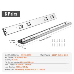 Sivukiinnitteiset liukukiskot 508 mm galvanoitu hiiliteräs 6 kpl 45,4 kg pehmeä sulkeutuminen