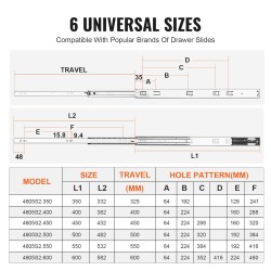 Sivukiinnitteiset galvanoidut hiiliteräslaatikkokiskot 609,6 mm 6 paria pehmeä sulkeutuminen