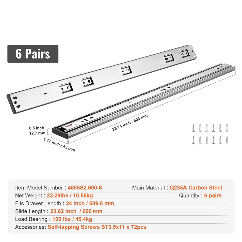 Sivukiinnitteiset galvanoidut hiiliteräslaatikkokiskot 609,6 mm 6 paria pehmeä sulkeutuminen