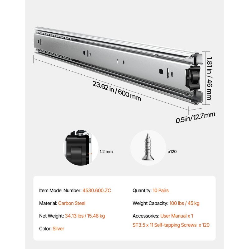 Sivukiinnitteiset hiiliteräksiset laatikkokiskot 600 mm 10 paria täyspitkä ulosveto 45 kg kantavuus