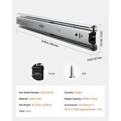 Laatikokiskot hiiliteräs 550 mm 45 kg täysin ulosvedettävät 10 paria sivukiinnitys