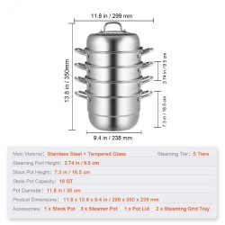 Höyrykattila viisi kerrosta 304 ruostumaton teräs 30 cm halkaisijalla