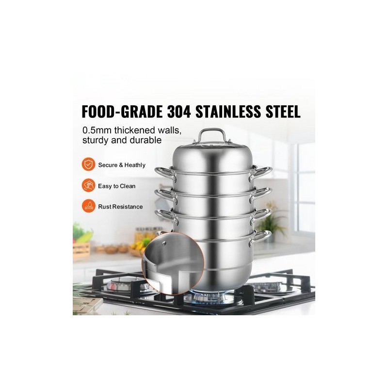 Höyrykattilasetti viisi kerrosta halkaisija 28 senttimetriä elintarvikelaatuisesta teräksestä lasikannella