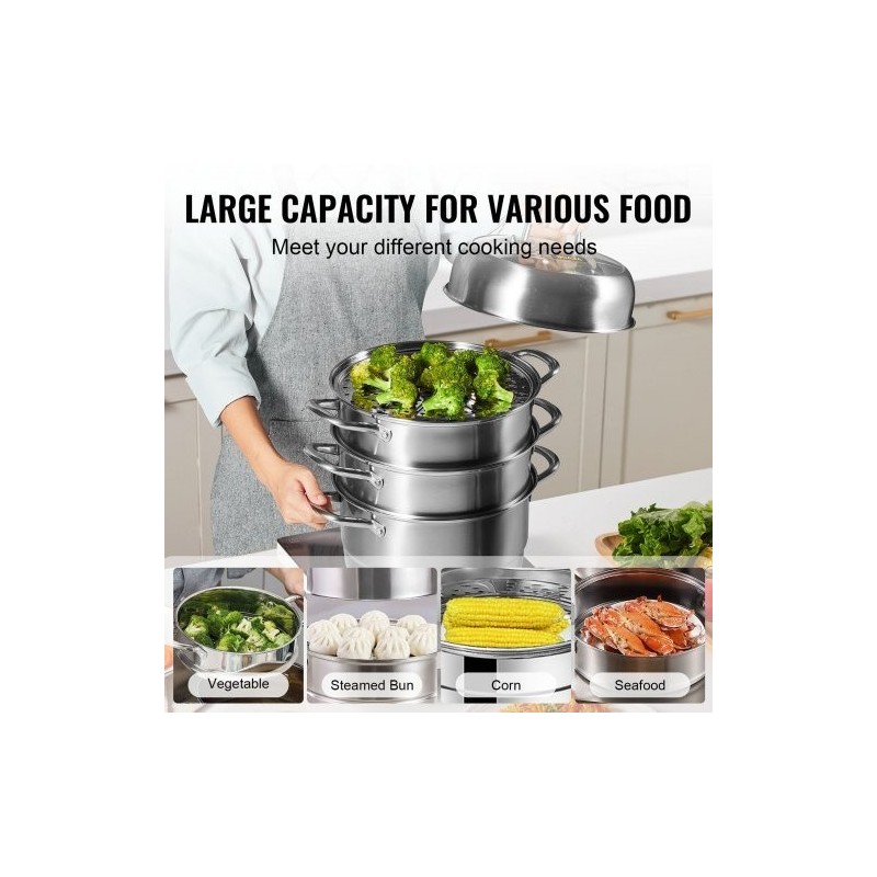 Höyrykattilasetti viisi kerrosta halkaisija 28 senttimetriä elintarvikelaatuisesta teräksestä lasikannella