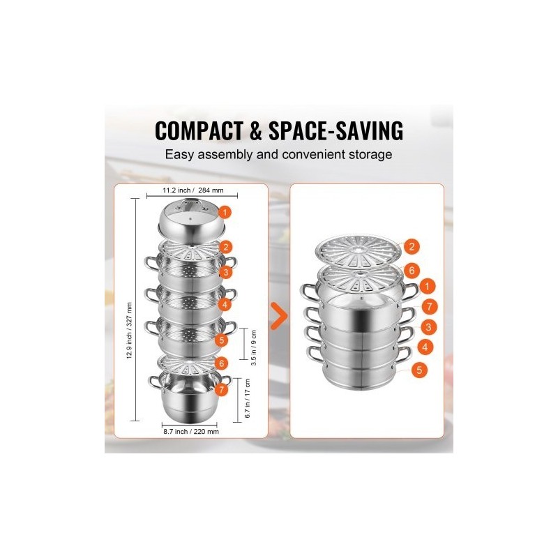 Höyrykattilasetti viisi kerrosta halkaisija 28 senttimetriä elintarvikelaatuisesta teräksestä lasikannella