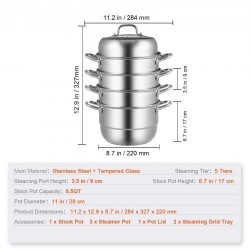 Höyrykattilasetti viisi kerrosta halkaisija 28 senttimetriä elintarvikelaatuisesta teräksestä lasikannella