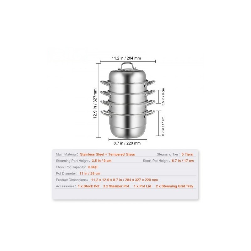 Höyrykattilasetti viisi kerrosta halkaisija 28 senttimetriä elintarvikelaatuisesta teräksestä lasikannella