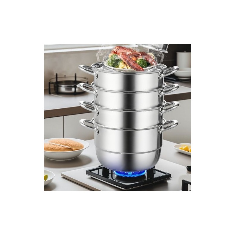 Höyrykattilasetti viisi kerrosta halkaisija 28 senttimetriä elintarvikelaatuisesta teräksestä lasikannella