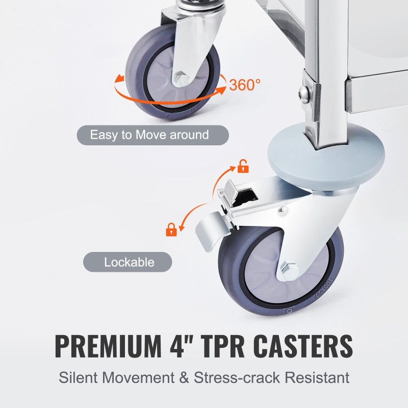 Laboratoriokärry ruostumatonta terästä 3 tasoa 181,4 kg kantavuudella lukittavat pyörät