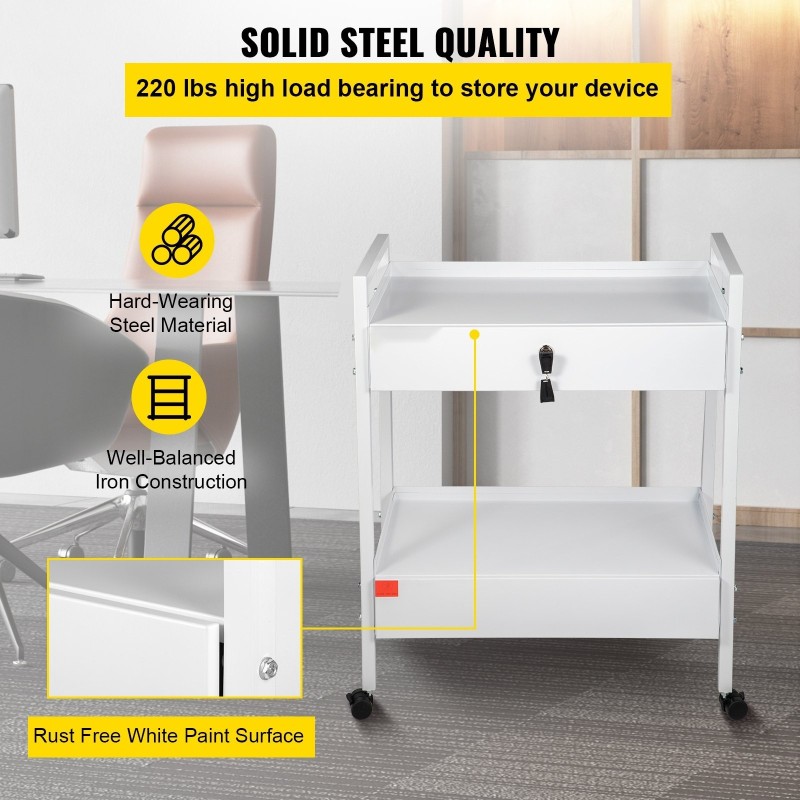 Laboratoriovaunu teräsrunko kaksi tasoa kaksi vetolaatikkoa lukittavat laatikot valkoinen kääntyvät pyörät