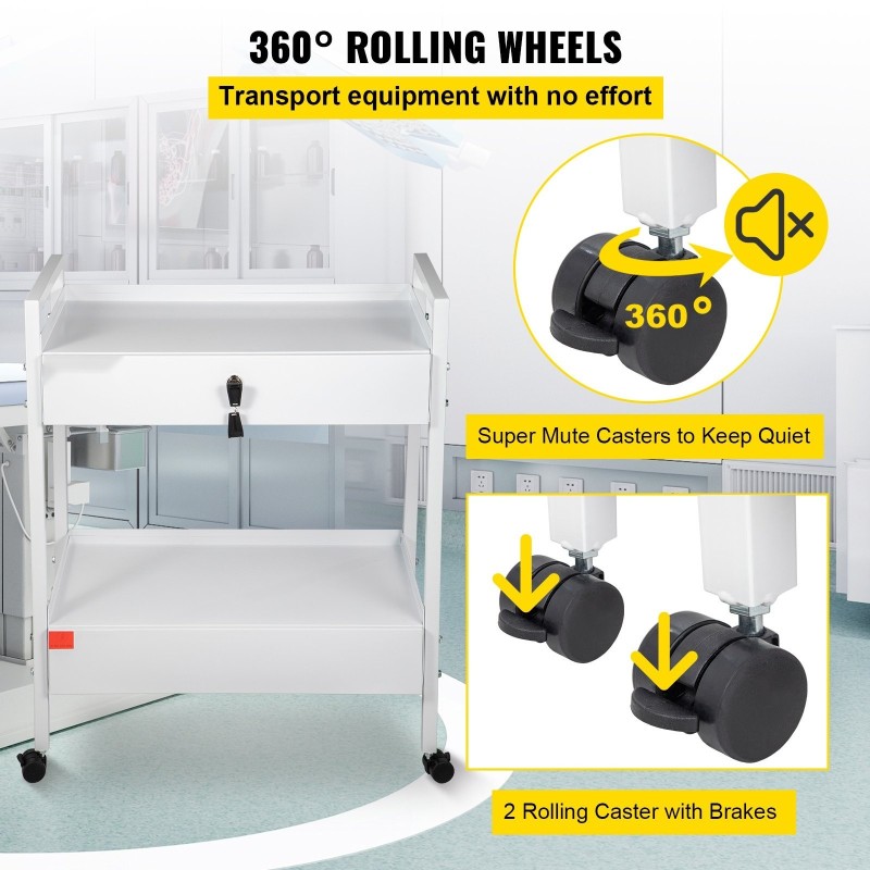 Laboratoriovaunu teräsrunko kaksi tasoa kaksi vetolaatikkoa lukittavat laatikot valkoinen kääntyvät pyörät