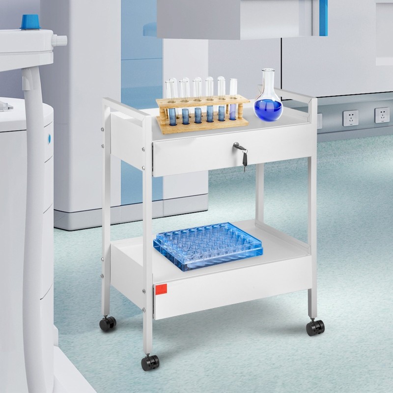 Laboratoriovaunu teräsrunko kaksi tasoa kaksi vetolaatikkoa lukittavat laatikot valkoinen kääntyvät pyörät