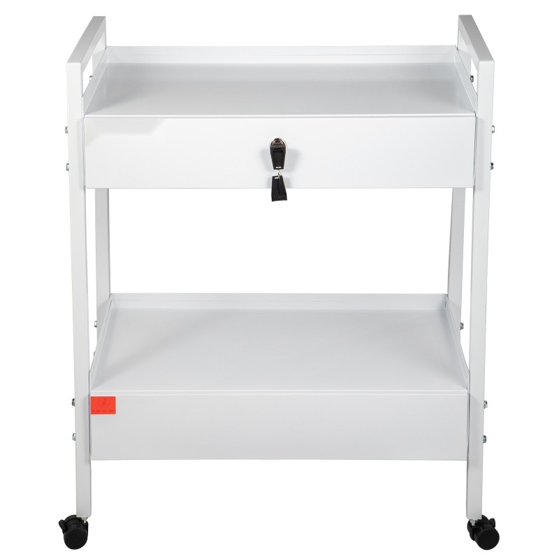 Laboratoriovaunu teräsrunko kaksi tasoa kaksi vetolaatikkoa lukittavat laatikot valkoinen kääntyvät pyörät