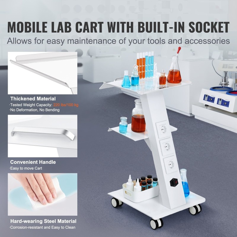 Laboratoriovaunu teräsrunkoinen 3 tasoa 100 kilogramman kantavuus sisäänrakennetulla pistorasialla 4 kääntyvää pyörää