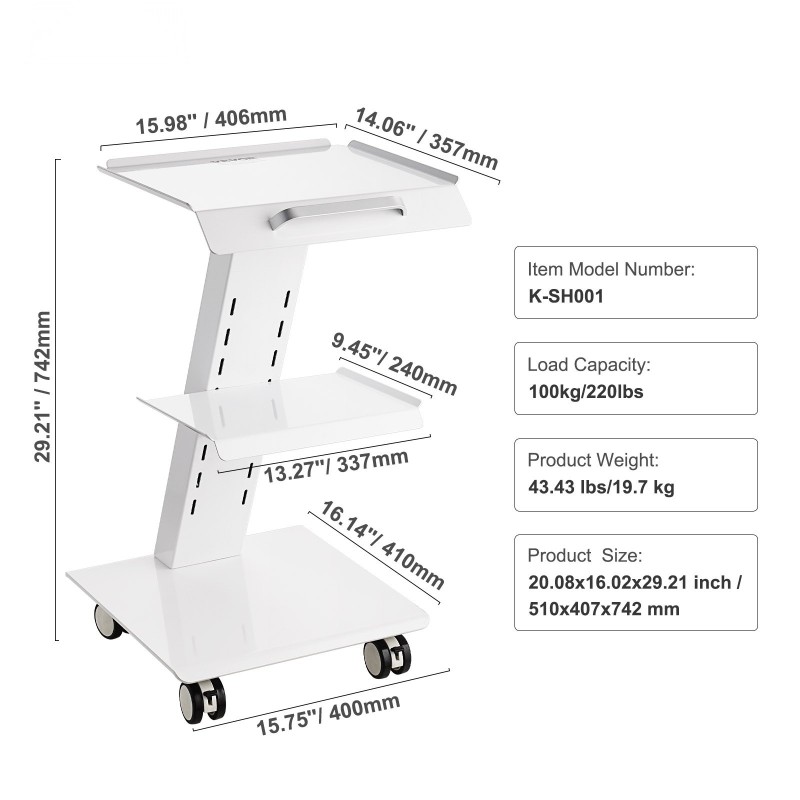 Laboratoriovaunu teräsrunkoinen 3 tasoa 100 kilogramman kantavuus sisäänrakennetulla pistorasialla 4 kääntyvää pyörää