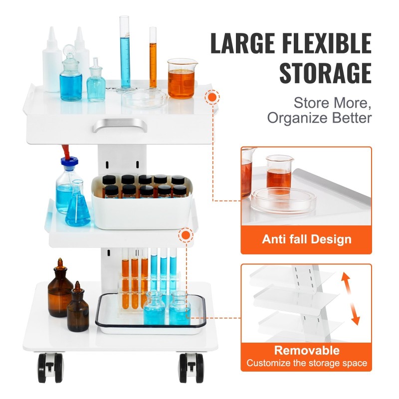 Laboratoriovaunu teräksinen kolmitasoinen 100 kg kantavuus 2 lukittavaa pyörää
