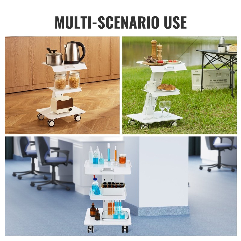 Laboratoriovaunu teräksinen kolmitasoinen 100 kg kantavuus 2 lukittavaa pyörää