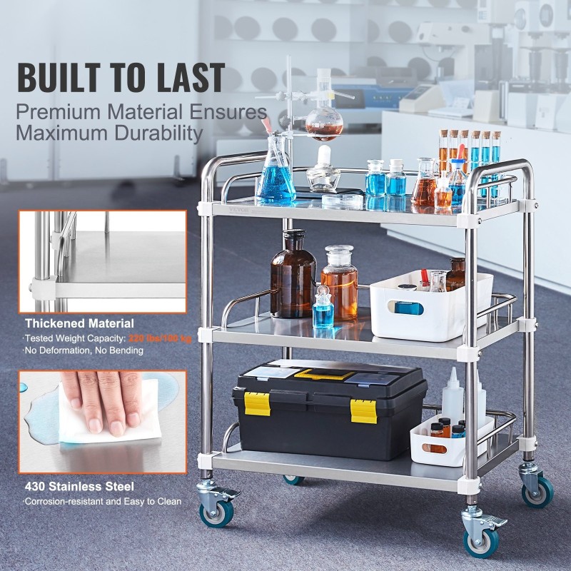 Laboratoriokärry ruostumattomasta teräksestä 3 hyllytasoa 670x395x867 mm 4 kääntyvää pyörää 2 lukittavaa