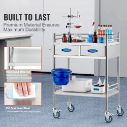 Laboratoriovaunu ruostumattomasta teräksestä kaksi tasoa kaksi vetolaatikkoa lukittavat pyörät laboratorioihin