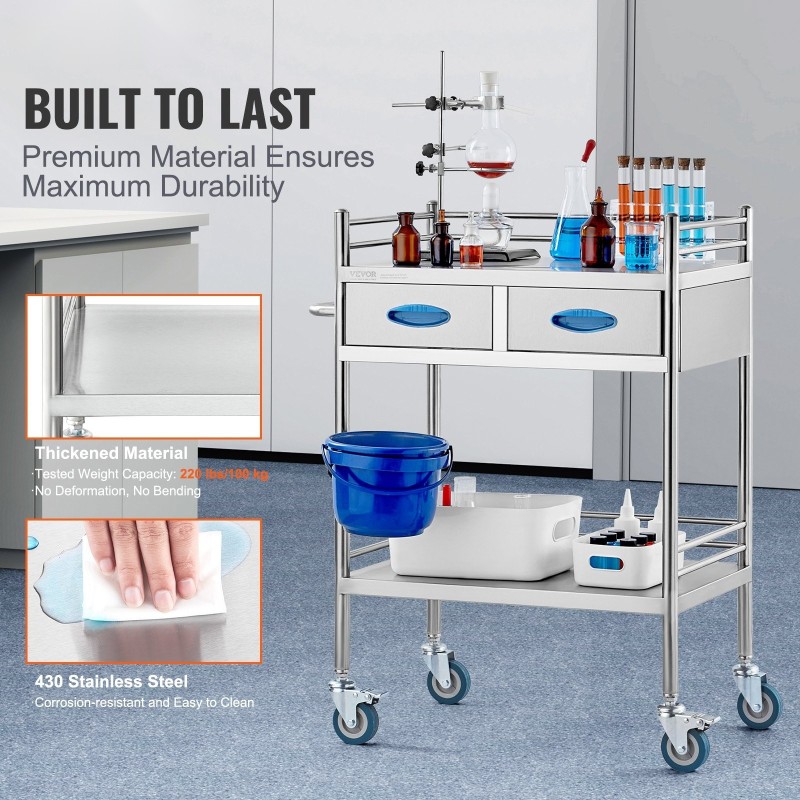 Laboratoriovaunu ruostumattomasta teräksestä kaksi tasoa kaksi vetolaatikkoa lukittavat pyörät laboratorioihin