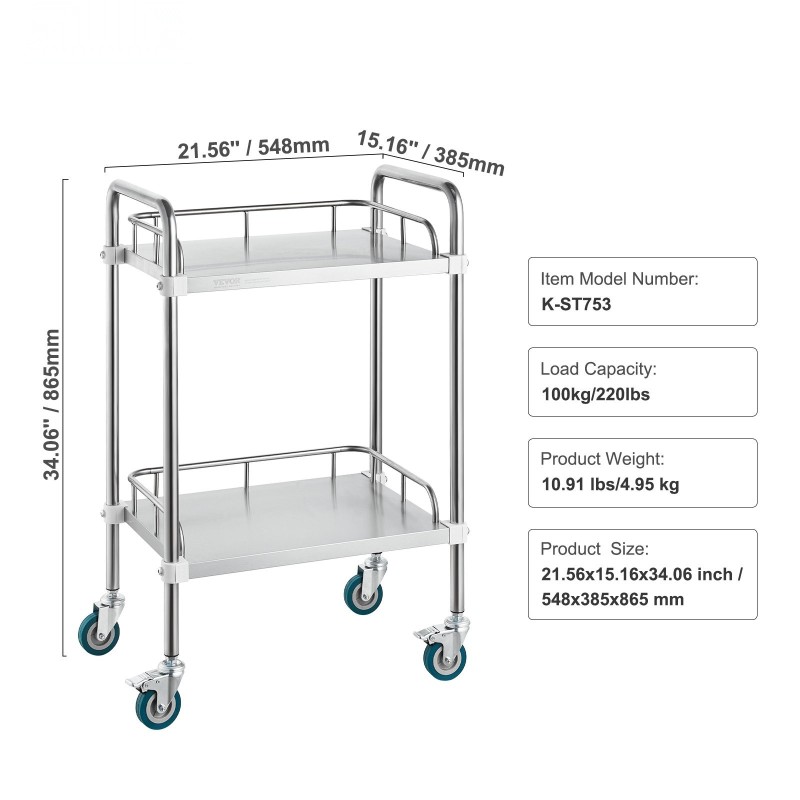Laboratoriovaunu kaksitasoinen ruostumattomasta teräksestä 385 x 548 x 865 mm
