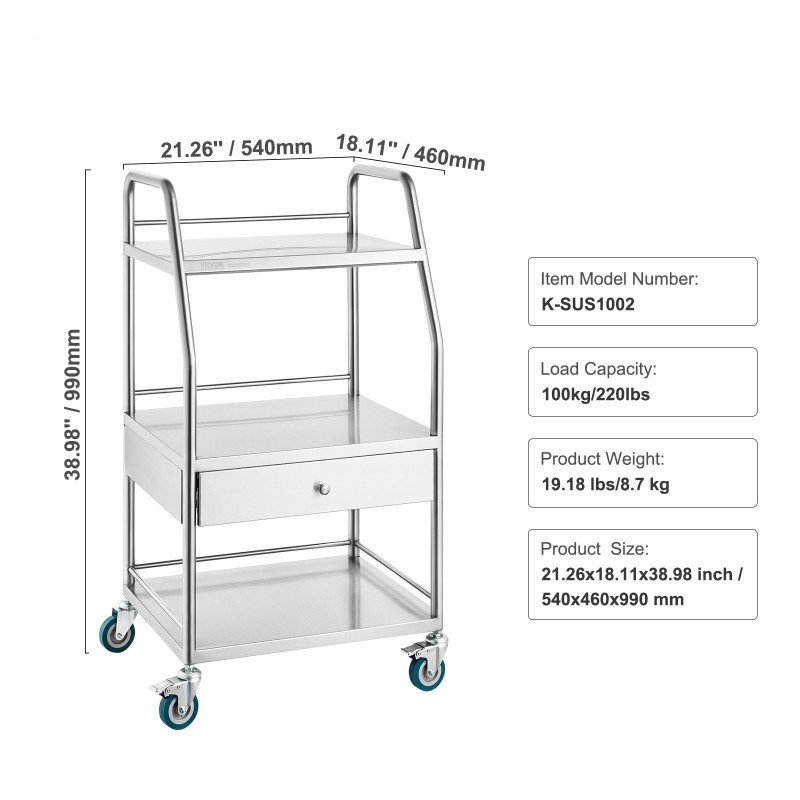 Rullavaunu ruostumatonta terästä 3 tasoa laatikko lukittavat pyörät laboratorioon