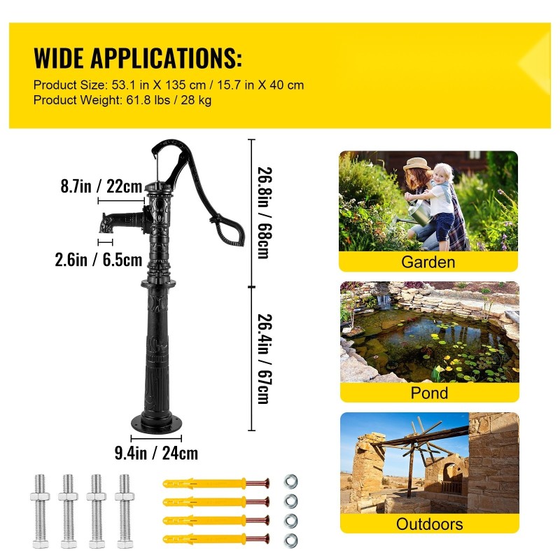 Käsikäyttöinen valurautainen vesipumppu jalustalla 135 cm kokonaiskorkeus musta 6 m pumppaussyvyys