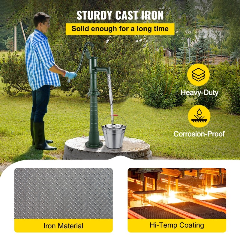 Käsikäyttöinen valurautainen vesipumppu jalustalla 131 senttimetriä vihreä 6 metrin pumppaussyvyys