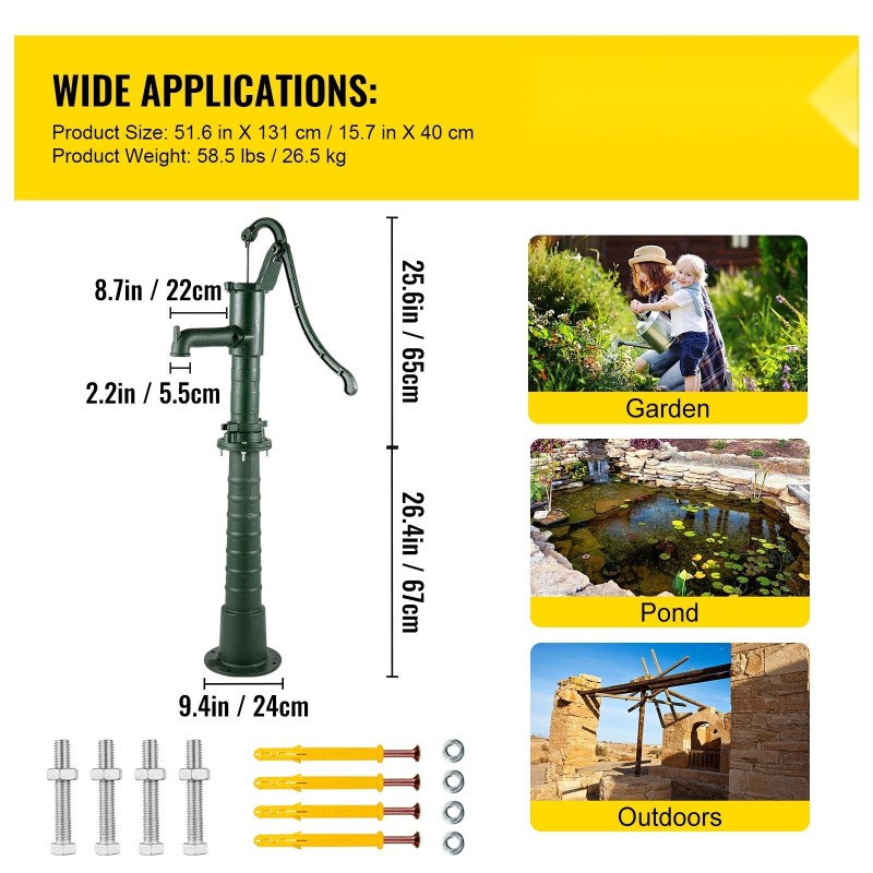 Käsikäyttöinen valurautainen vesipumppu jalustalla 131 senttimetriä vihreä 6 metrin pumppaussyvyys
