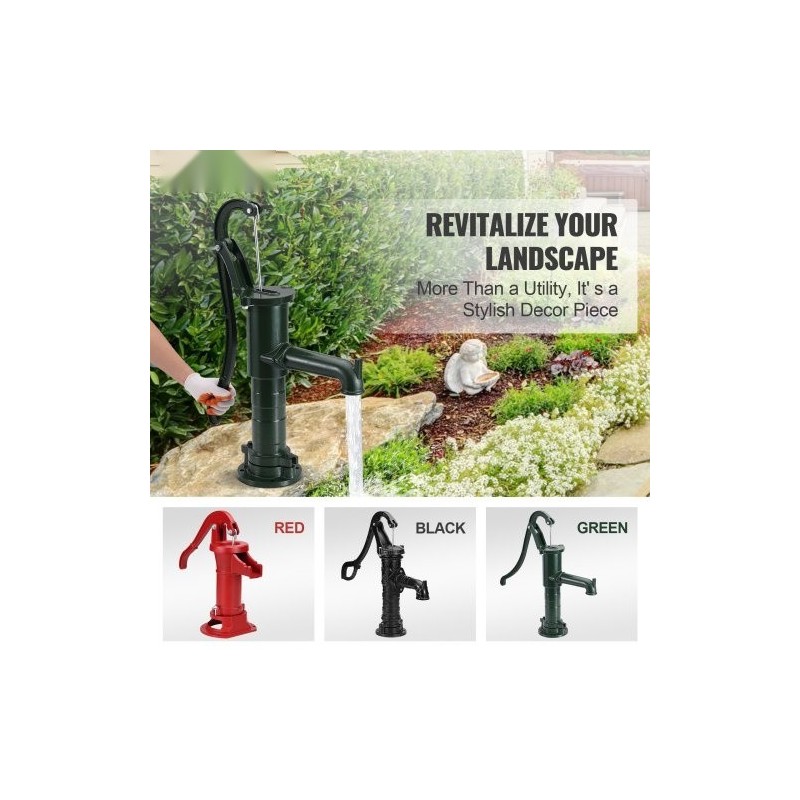 Käsikäyttöinen valurautainen kaivopumppu vihreä mäntätoiminen seitsemän metrin nostokorkeus kuusikymmentäviisi senttimetriä