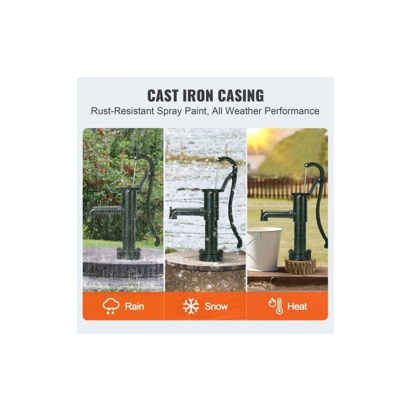 Käsikäyttöinen valurautainen kaivopumppu vihreä mäntätoiminen seitsemän metrin nostokorkeus kuusikymmentäviisi senttimetriä