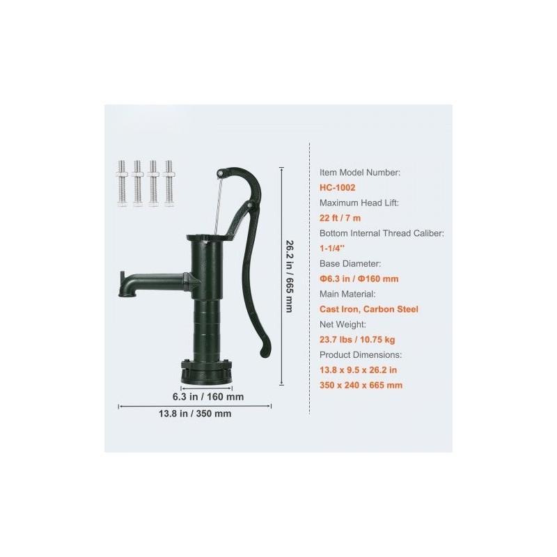 Käsikäyttöinen valurautainen kaivopumppu vihreä mäntätoiminen seitsemän metrin nostokorkeus kuusikymmentäviisi senttimetriä