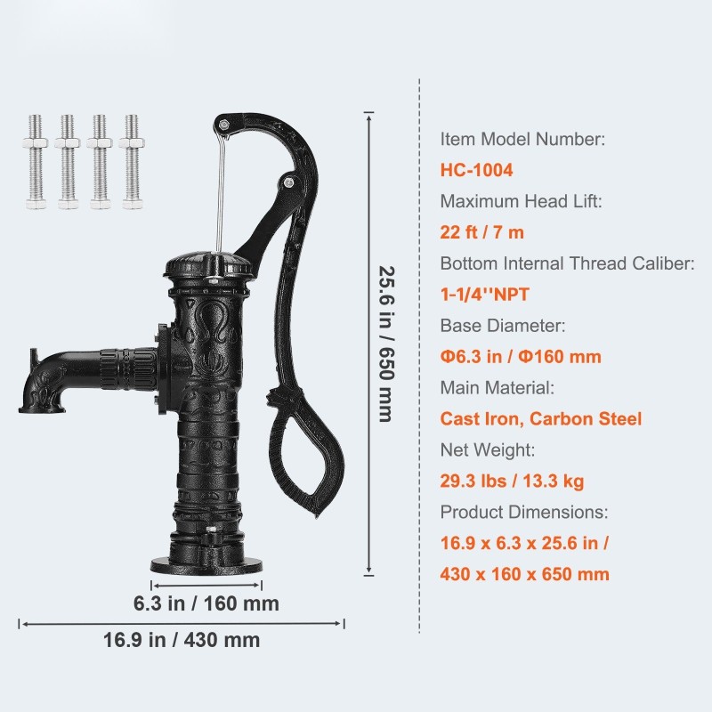 Käsikäyttöinen valurautainen vesipumppu kaivoihin ja puutarhaan seitsemän metrin nostokorkeudella