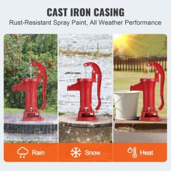 Käsikäyttöinen valurautainen kaivopumppu 7,6 m nostokorkeus punainen ergonominen kahva