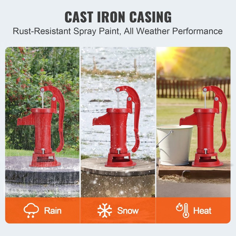 Käsikäyttöinen valurautainen kaivopumppu 7,6 m nostokorkeus punainen ergonominen kahva