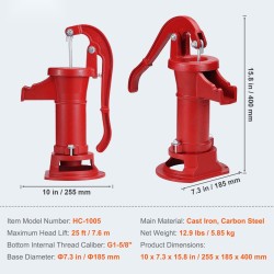 Käsikäyttöinen valurautainen kaivopumppu 7,6 m nostokorkeus punainen ergonominen kahva