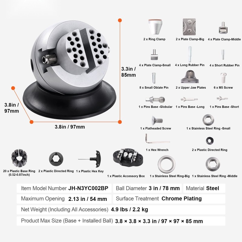Pallopenkki teräsrunko kromipinnoitteella 78 mm pallolla 360 asteen pyörivällä jalustalla