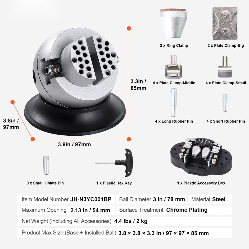 Teräksinen kaiverruspallopenkki 7,6 cm 360 asteen pyörivä vahvistetun muovin pohja 30 lisävarustetta